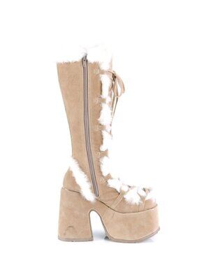 Camel Vegan Suede Knee-High Boots with Faux Fur Trim and Full Inner Side Zip